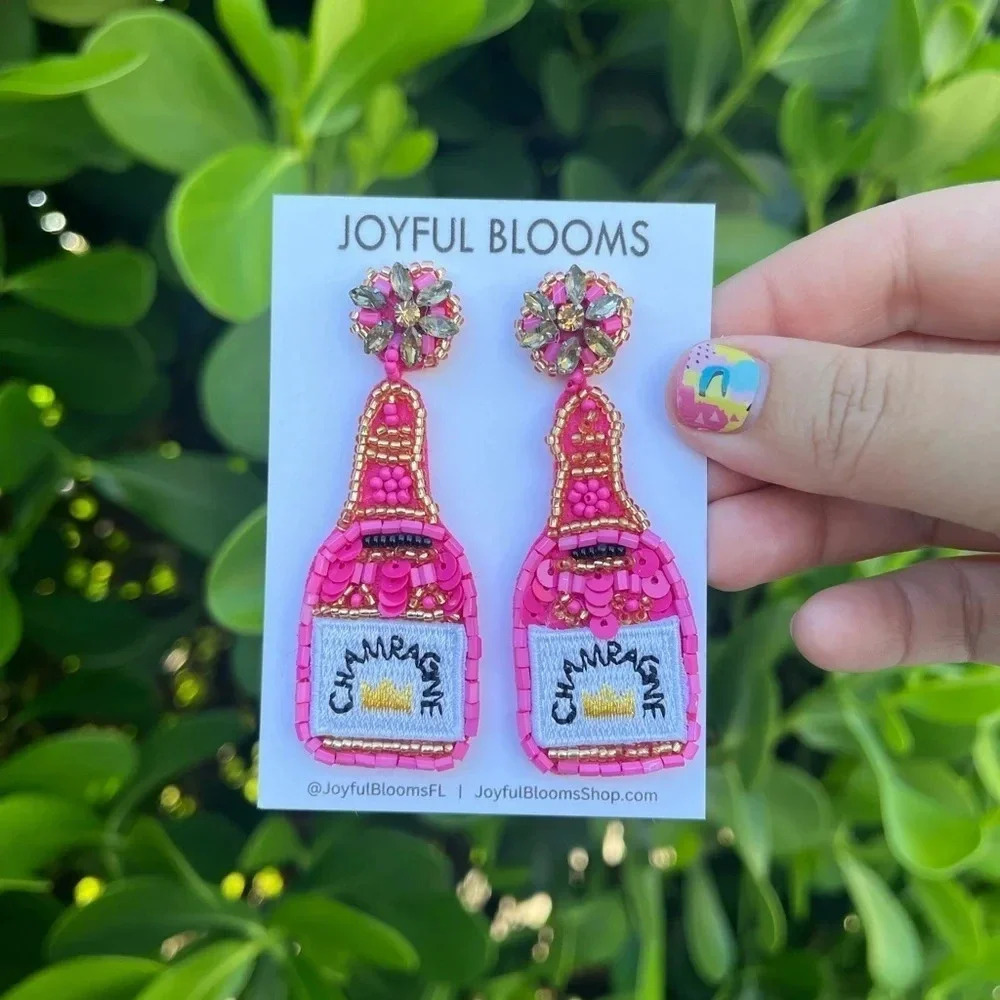 Champagne cocktail bottle Beaded Earrings Statement drop Night out earrings